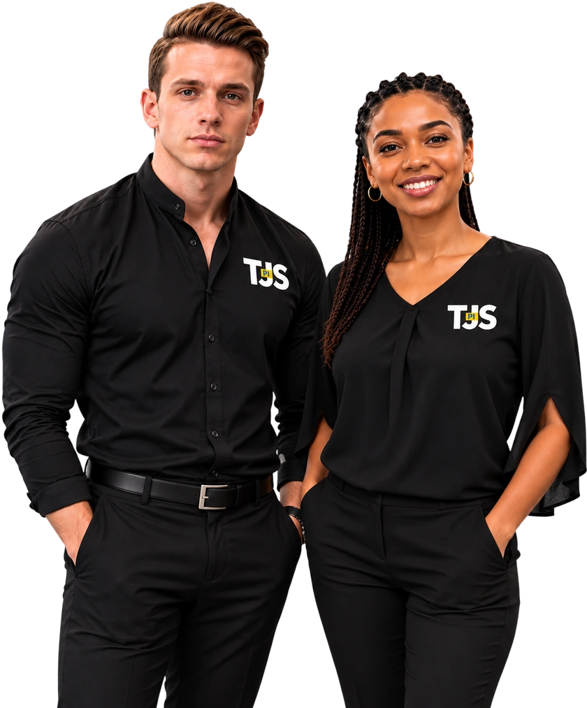 TJS Private Investigations investigators standing in TJS branded shirts