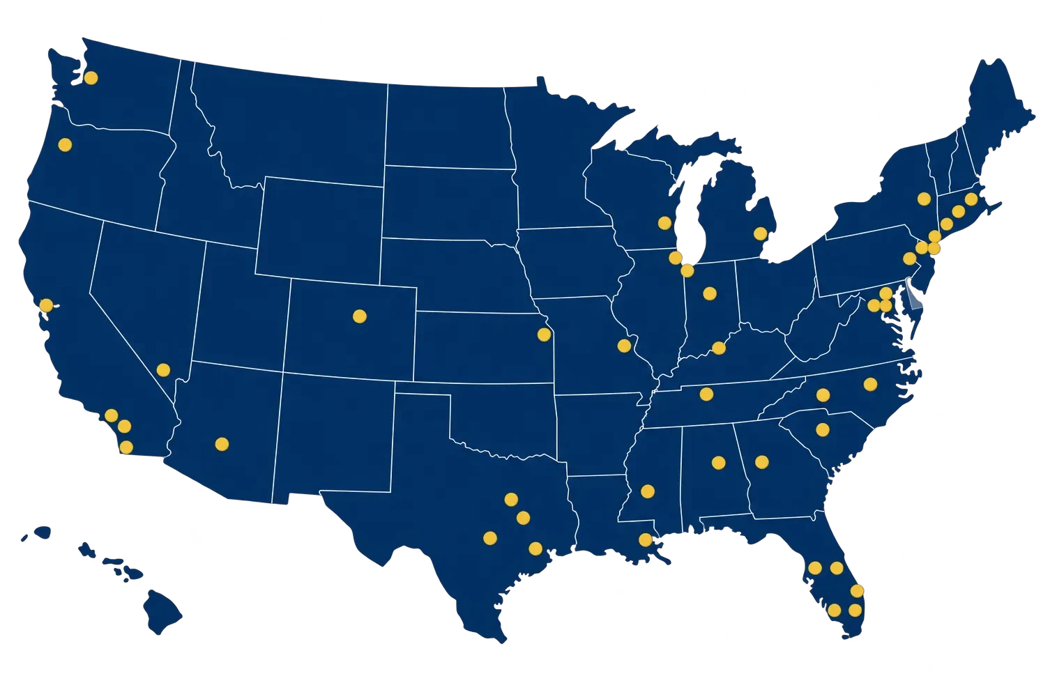 Map of the United States marking the cities TJS Private Investigations serves