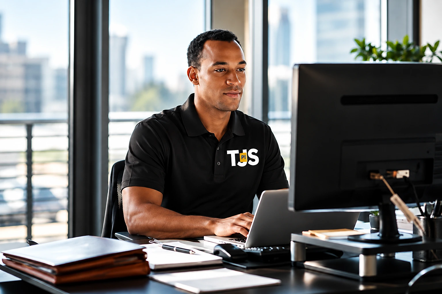 TJS private investigator researching a background check at the office