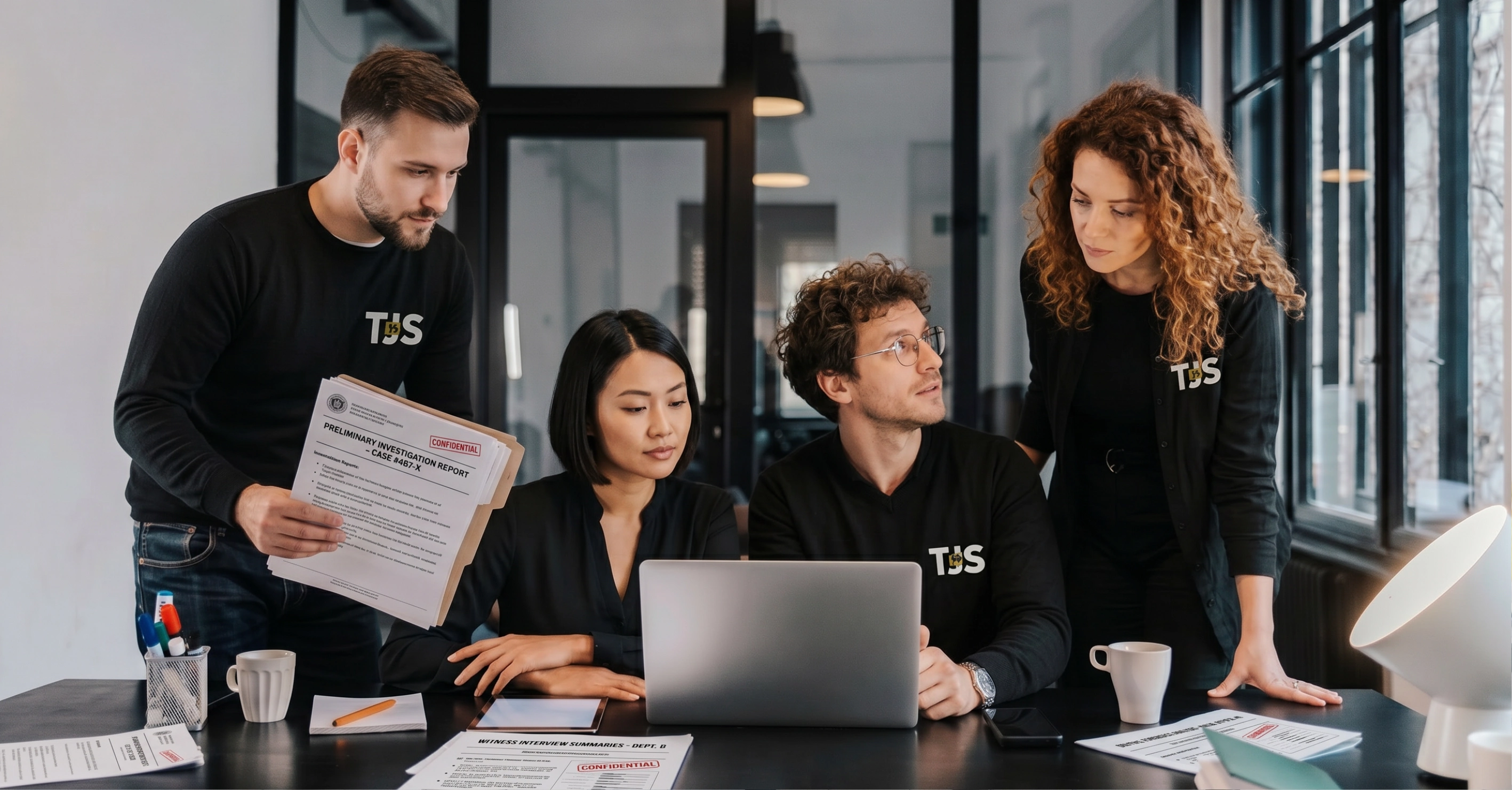 TJS investigators reviewing documents in a fraud investigation